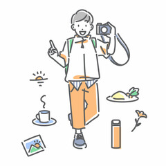 カメラを携えてひとり旅を楽しむ若い男性　シンプルでお洒落な線画イラスト