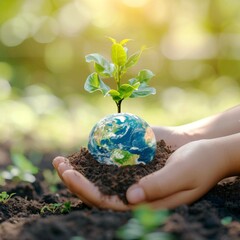 World Environment Day concept: hand holding tree planting and earth on green nature background, this image furnished by NASA.