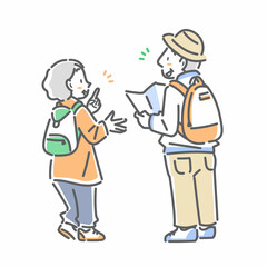 旅行を楽しむシニア夫婦　シンプルでお洒落な線画イラスト
