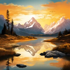 A serene mountain landscape bathed in the golden hues of a sunset, with a crystal-clear lake reflecting the majestic peaks