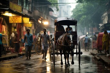 Horse Drawn Carriage on City Street, Traditional Transportation in an Urban Setting, Rickshaw puller going through the busy streets of Calcutta, AI Generated
