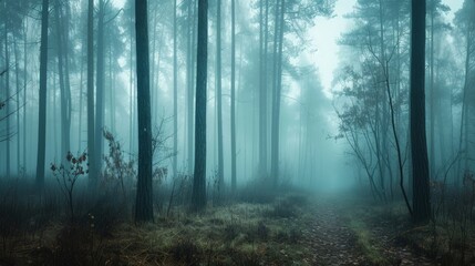 Panorama of foggy forest. Fairy tale spooky looking woods in a misty day. Cold foggy morning in horror forest