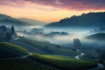 This stunning image showcases a serene valley with a captivating winding road amidst breathtaking...