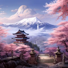 A serene temple atop a mountain, surrounded by cherry blossoms in full bloom, with a panoramic view of the valley below