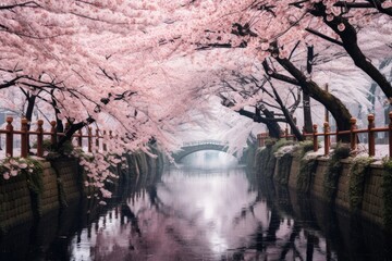A picturesque river with a bridge gracefully spanning its width, offering a connection between two banks, Sakura blossom season in Tokyo, Japan, AI Generated