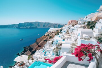 Fototapeta na wymiar A stunning aerial view showcasing the charming beauty of a blue and white village nestled in a scenic setting, Santorini, Greece with its white-washed buildings and turquoise sea, AI Generated