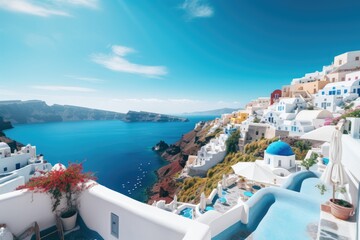 Captivating Aerial Overlook of Stunning Blue and White Town Surrounded by Majestic Mountains, Santorini, Greece with its white-washed buildings and turquoise sea, AI Generated