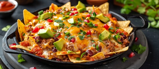 A delicious skillet dish combining nachos, cheese, avocado, and meat, perfect for any food lover and a great addition to any tableware collection. - obrazy, fototapety, plakaty