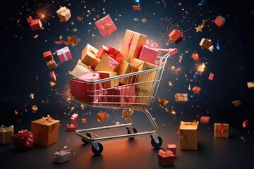 A shopping cart filled with presents loses its balance and topples over, sending gifts scattering, Shopping cart teeming with radiant gift boxes, AI Generated