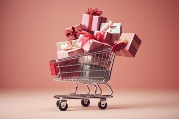 Shopping Cart Filled With Numerous Presents â€“ Joyful Holiday Shopping Scene With Abundance of Gifts, Shopping cart with edge to edge filled gift-wrapped boxes, AI Generated