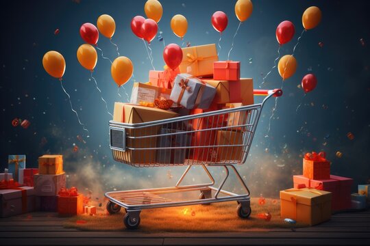 An image showcasing a shopping cart stacked with boxes and balloons ready for purchase, Shopping cart teeming with radiant gift boxes, AI Generated