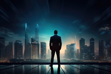 A lone man stands in awe in front of a captivating cityscape, illuminated by the lights of the night, Silhouette of a businessman looking at a futuristic city skyline, AI Generated