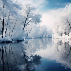 A snowy winter wonderland, with snow-covered trees and a frozen lake reflecting the serene beauty of the season