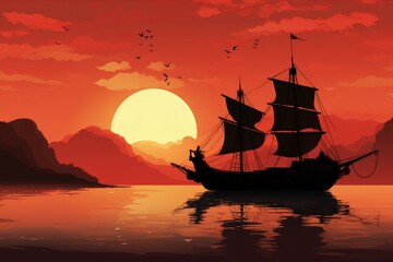 Naklejka premium A boat floating peacefully on the calm surface of a beautiful body of water, Silhouette of a Chinese junk boat against a sunset backdrop, AI Generated