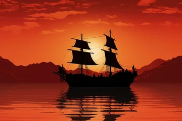  A pirate ship sailing across a body of water, navigating through the raging waves on a daring adventure, Silhouette of a Chinese junk boat against a sunset backdrop, AI Generated © Iftikhar alam