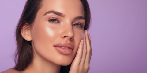 Portrait of woman, face or dermatology for beauty, skincare or cosmetics for healthy glow. Isolated results, smile or confident model with natural shine or wellness in studio on purple background