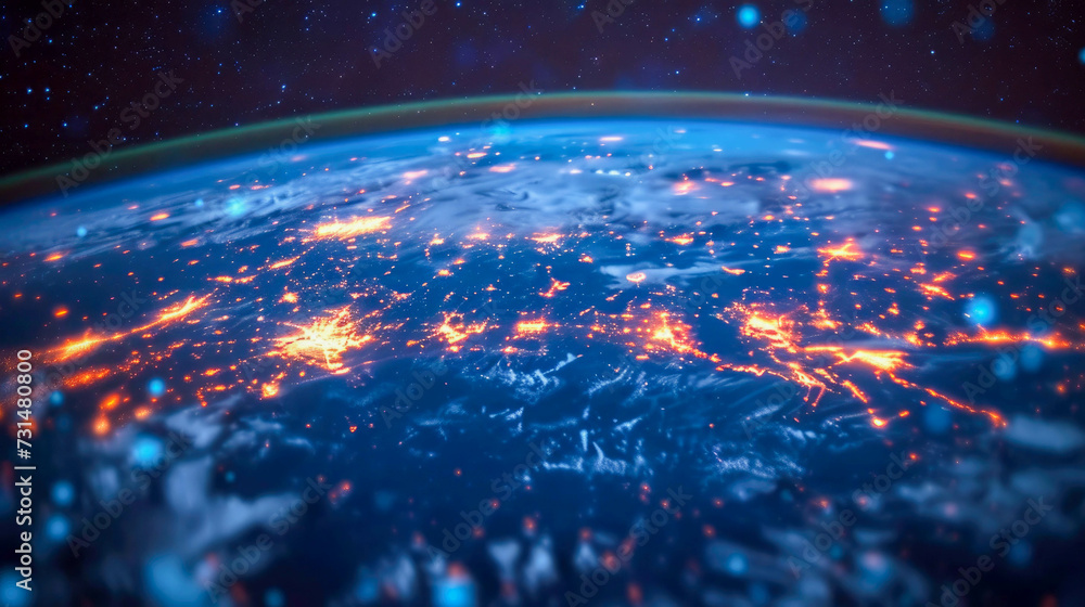 Poster planet earth from space with visible city lights with glowing particles and bokeh