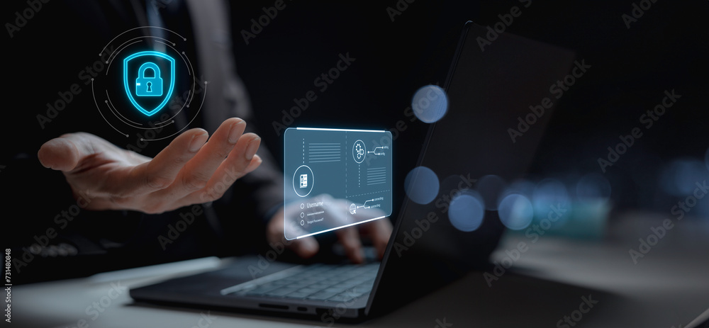 Poster cyber security and data protection, businessman use network security system, protecting business and
