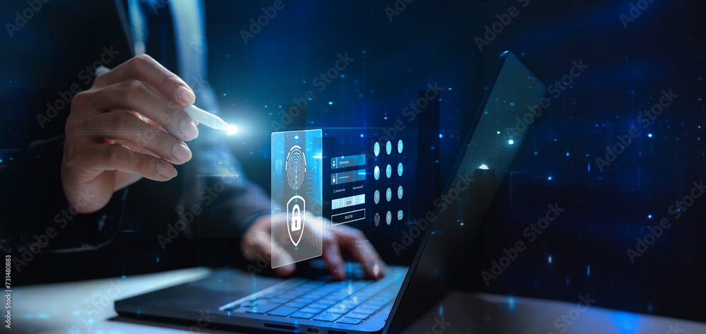Poster cyber security and data protection, businessman use network security system, protecting business and