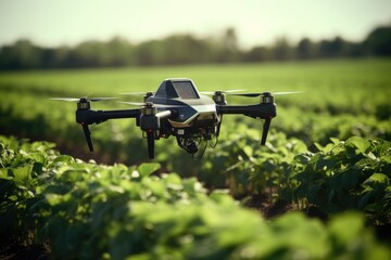 A black and white remote-controlled device flying above a lush green field, Smart farming with drones and automated tractors, AI Generated - obrazy, fototapety, plakaty