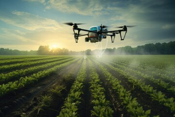 A small plane gracefully soars through the sky above a vibrant field of crops, Smart farming with...
