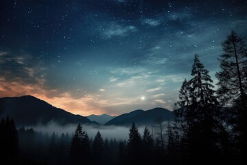 Naklejka premium A breathtaking view of the night sky adorned with stars and clouds, casting a serene glow over a majestic mountain range, Smoky haze against a starry night, AI Generated