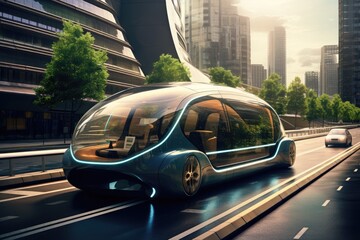A sleek, high-tech vehicle zips past towering buildings on a bustling city avenue, Solar powered automobiles in a traffic-less future city, AI Generated