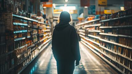 Person walking down supermarket aisle alone.