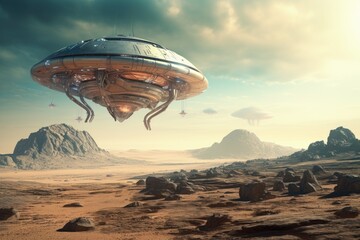 An alien spacecraft soars over a barren desert, leaving behind a trail of mystery and intrigue, Spacecraft landing on a faraway, technologically advanced alien planet, AI Generated