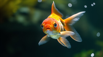 Goldfish swimming with fins spread in water.
