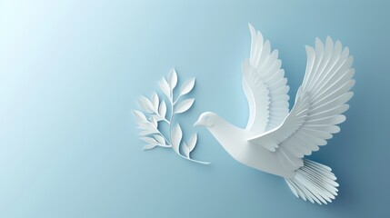 white dove holding branch in flying on blue background for freedom concept ,international day in paper cut style