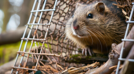 Curious rodent peeking through a wire mesh.