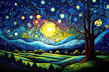 A captivating painting depicting a serene night sky filled with twinkling stars, complemented by the presence of a solitary tree, Starry night meets abstract pop art, AI Generated