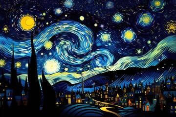 A stunning painting of a dark blue night sky filled with a multitude of sparkling stars, Starry...