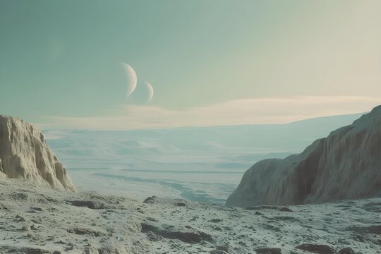 Immerse yourself in this ultra-high resolution stock photo depicting an exoplanet landscape with two moons, offering a glimpse into alien worlds.