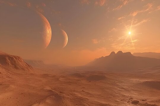 Immerse yourself in this ultra-high resolution stock photo depicting an exoplanet landscape with two moons, offering a glimpse into alien worlds.