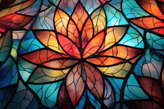This image offers an up-close look at the intricate patterns and vibrant colors of a stained glass window, Stained glass patterns with light filtration, AI Generated