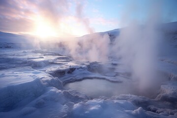 Fototapeta premium Witness the awe-inspiring spectacle of a geyser forcefully erupting and propelling water into the atmospheric heights, Steaming geysers surrounded by fluffy snow in a icy landscape, AI Generated