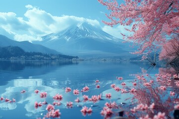 Cherry blossoms frame Mount Fuji and serene lake. Sakura