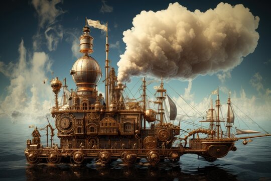 A steam ship glides gracefully across the water, showcasing the timeless beauty of maritime transportation, Steampunk inspired rising stock market graph, AI Generated