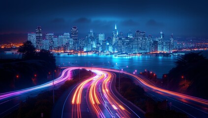 Nighttime cityscape with vibrant light trails and skyline