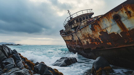 Rusty shipwreck on rocky shore with waves.