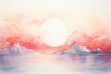 A calming painting showcasing a captivating sunset reflecting its warm hues on a peaceful body of...