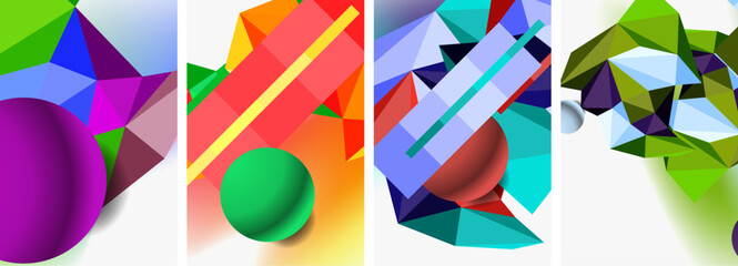 Set of geometric abstract composition with spheres and triangles. Vector illustration For Wallpaper, Banner, Background, Card, Book Illustration, landing page