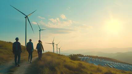 A image of a group of engineer with worker, walking at sustainable energy wind farm amongst a massive solar farm in a green hillside. Concept eco green renewable energy. Copy space.