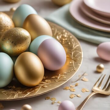 close up of pastel and gold easter eggs on plate, easter table setting