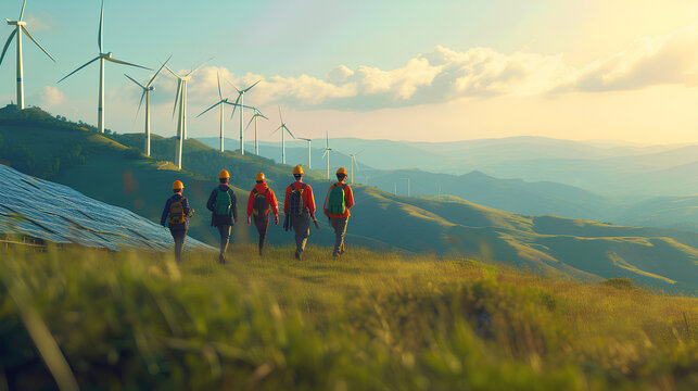 A image of a group of engineer wearing orange safety helmet  with friends, walking at sustainable energy wind farm amongst a massive solar farm in a green hillside. Concept eco green renewable energy.