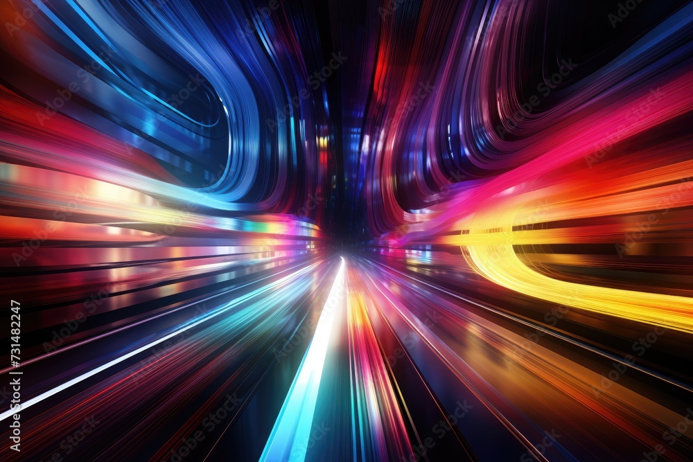 Poster a vibrant train glides through a captivating tunnel, creating a mesmerizing display of colors, techn