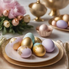 Obraz premium close up of pastel and gold easter eggs on plate, easter table setting
