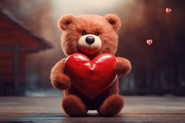 A cute brown teddy bear holding a red heart, symbolizing love and affection, Teddy bear holding a...
